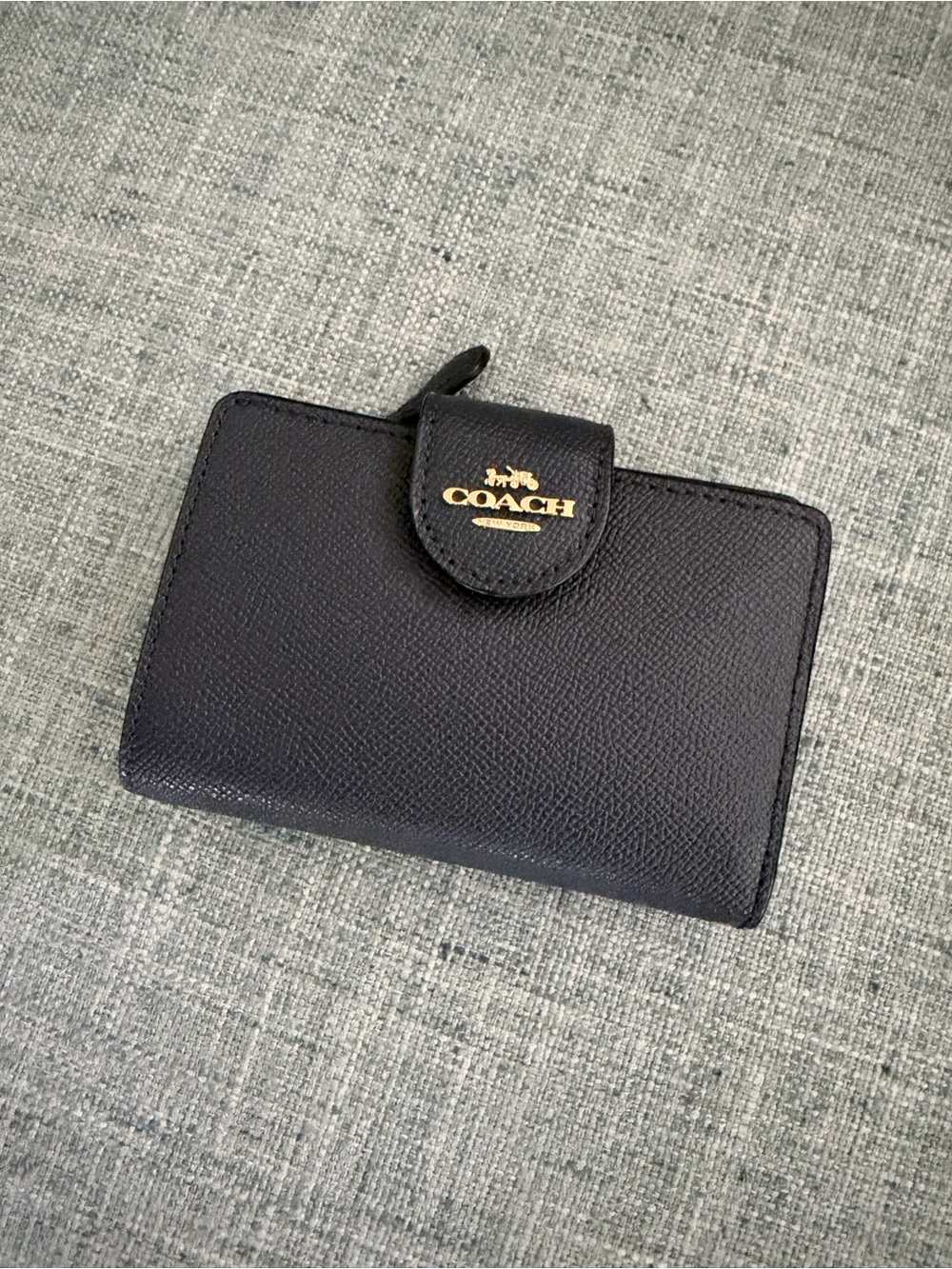 Coach Navy Pebbled Leather Snap Tab Wallet with Gold Logo
